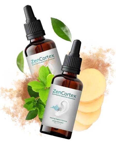 ZenCortex hearing support supplement bottle with natural plant-based ingredients for tinnitus relief and cognitive enhancement